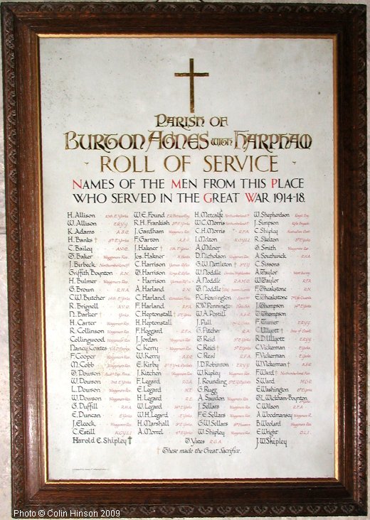 The 1914-18 Roll of Honour in Burton Agnes Church.