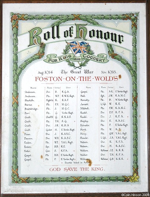 The second World War I Roll of Honour in St. Andrew's Church, Foston on the Wolds