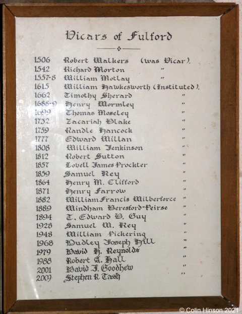 The List of Vicars in St. Oswald's Church, Fulford.