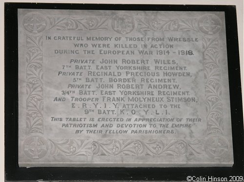 The World War I Memorial Plaque in St. John's Church, Wressle.