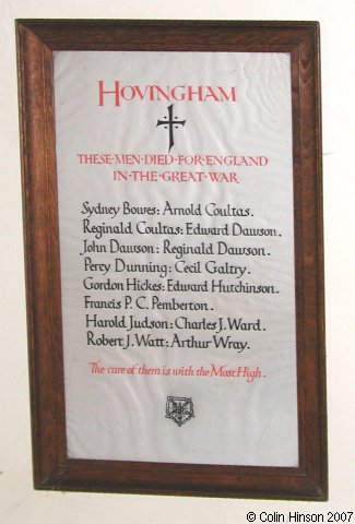 The War Memorial Plaque in All Saints Church, Hovingham.