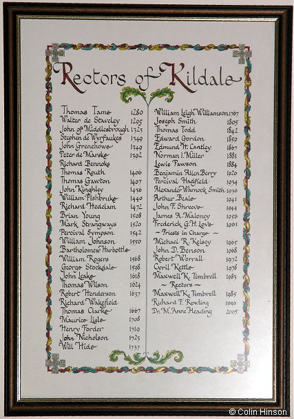 The list of Rectors in St. Cuthbert's Church, Kildale.