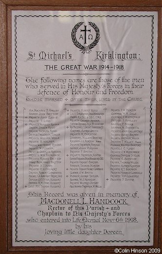 The World War I Roll of Honour in St. Michael's Church, Kirklington.