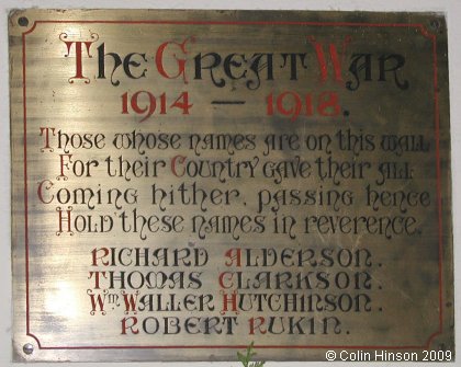 The World War I Memorial plaque in St. Mary's Church, Muker.