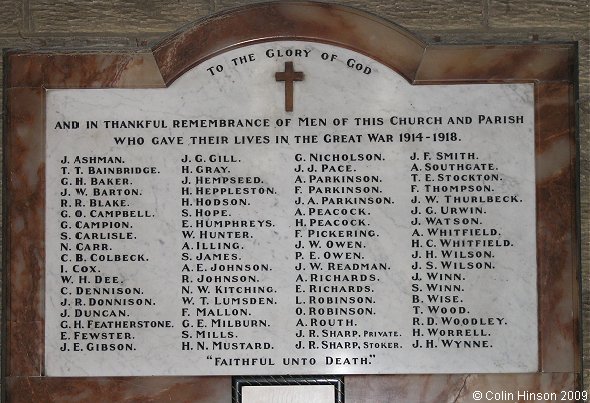 The World War I Memorial Plaque in St. Luke's Church, Thornaby on Tees.