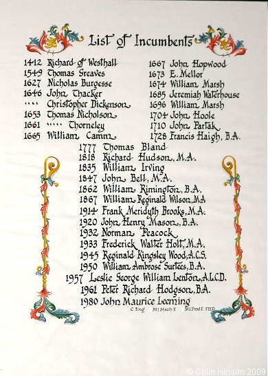 The List of Incumbents in St. Mary's Church, Bolsterstone.
