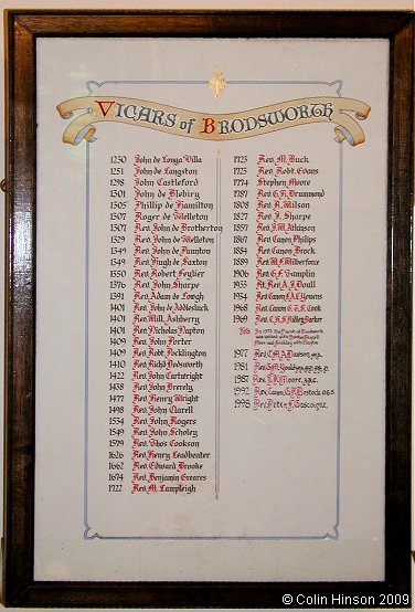 The List of Vicars in St. Michael's Church, Brodsworth.