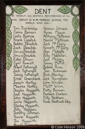 The World War II Roll of Honour in St. Andrew's Church, Dent.