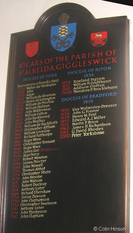 The list of Vicars in St. Alkeda's Church, Giggleswick.