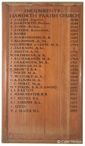 The list of Incumbents in Haworth Parish Church.