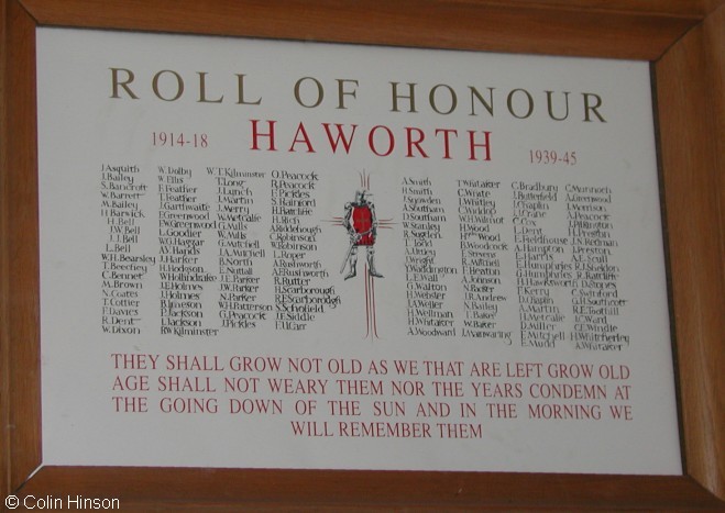 The Roll of Honour for both of the World Wars in St. Michael's Church, Haworth.