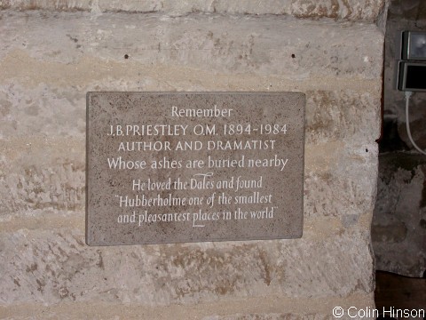 The memorial Plaque  to the author J.B. Priestley at Hubberholme; on the church wall