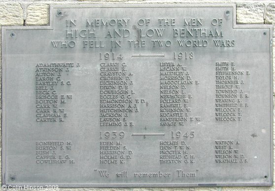 The World War I and II Memorial Plaque for High and Low Bentham at St. John's Church, Low Bentham.